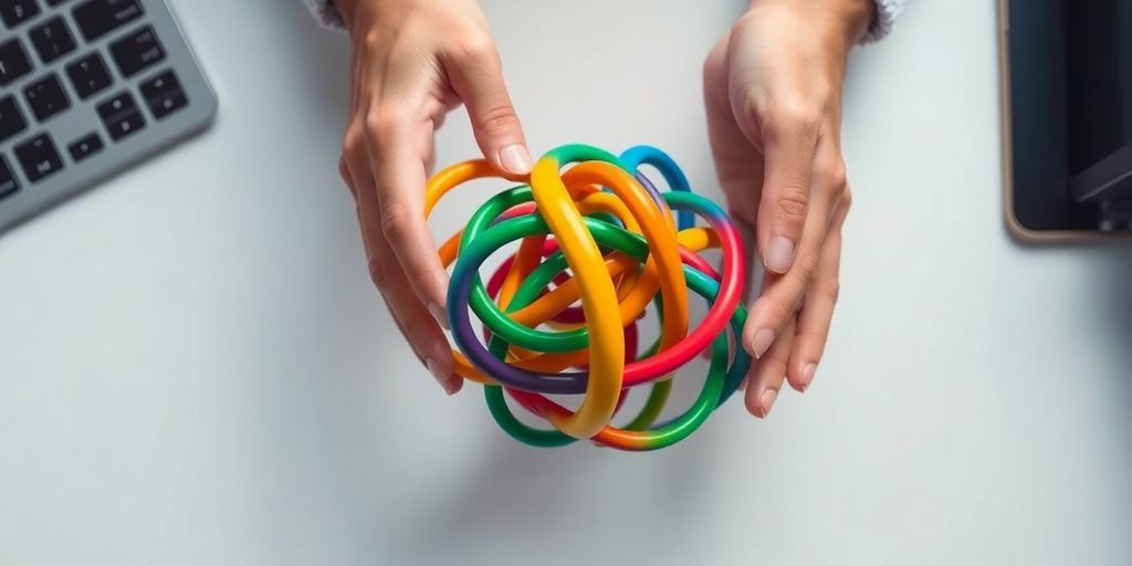 Colorful tangle toy, abstract, hands interacting, focused