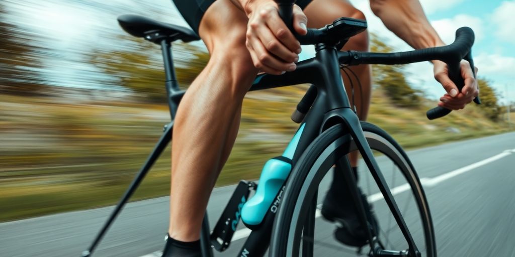 Cyclist on a bike, pedaling hard.