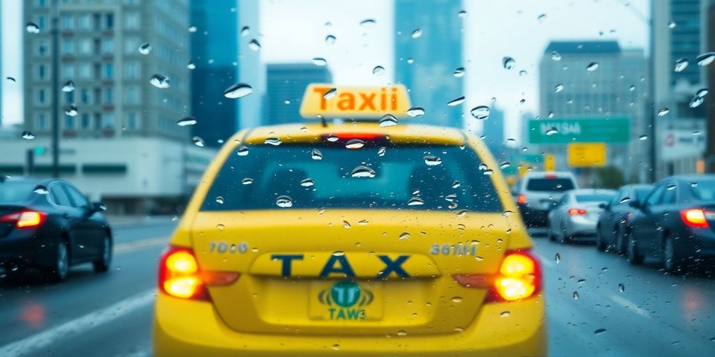 Taxi driving in the rain with blurred city background.