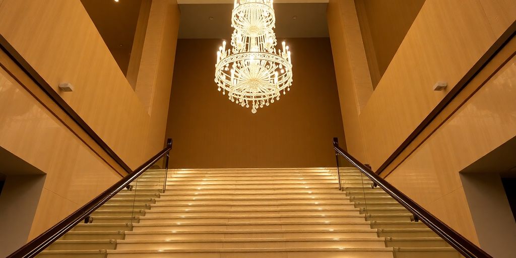 Modern chandelier illuminating a grand staircase.