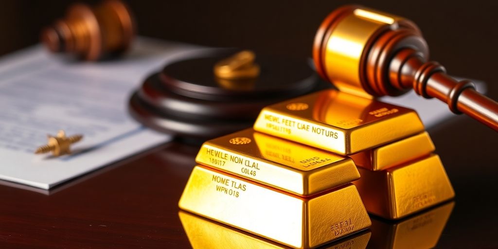 Barres d'or et documents juridiques en arrière-plan.