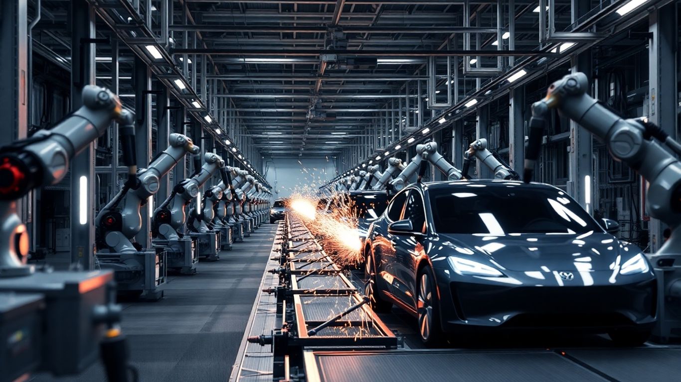 Robots assembling electric vehicles in a dark factory