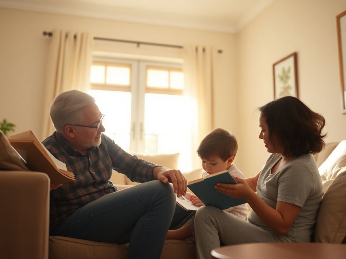 Copil fericit și părinte relaxat acasă.