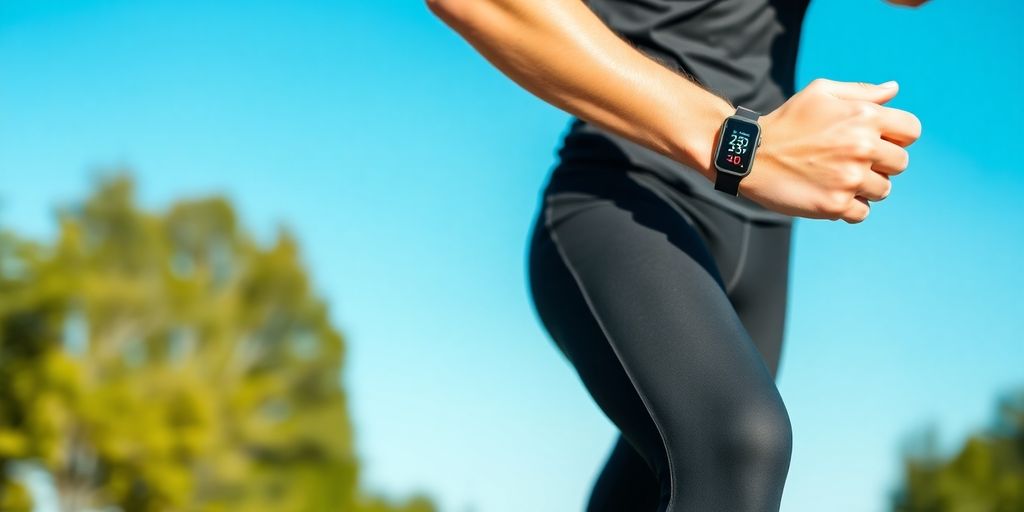 Athlete running with a heart rate monitor outdoors.