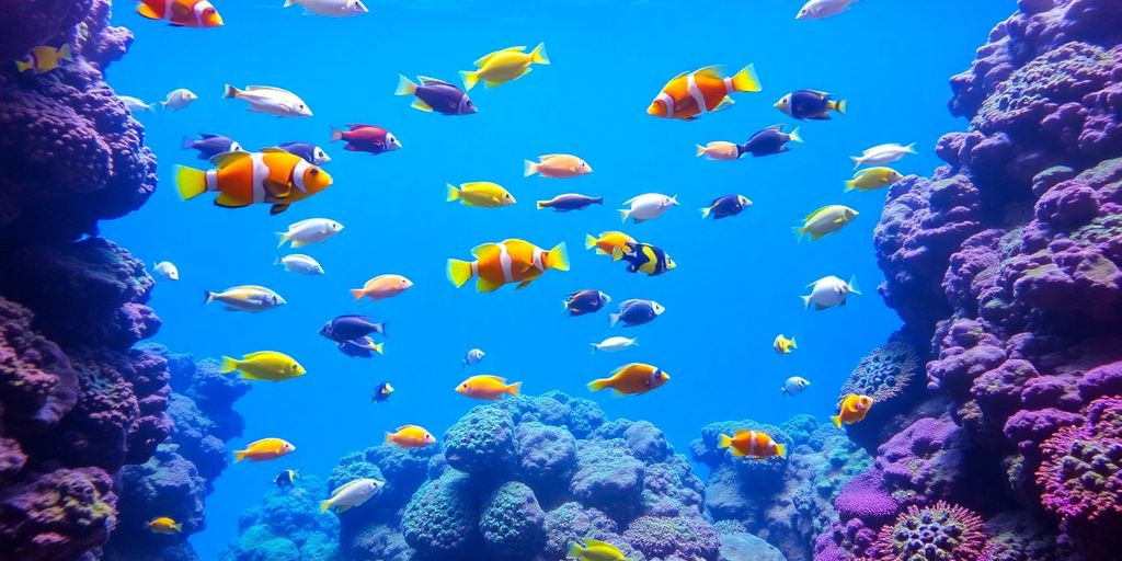 Makukulay na isdang saltwater na lumalangoy sa isang coral reef.