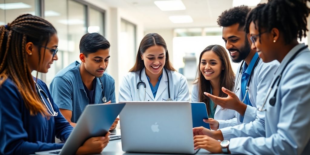 Medical students collaborating with laptops in a bright classroom.