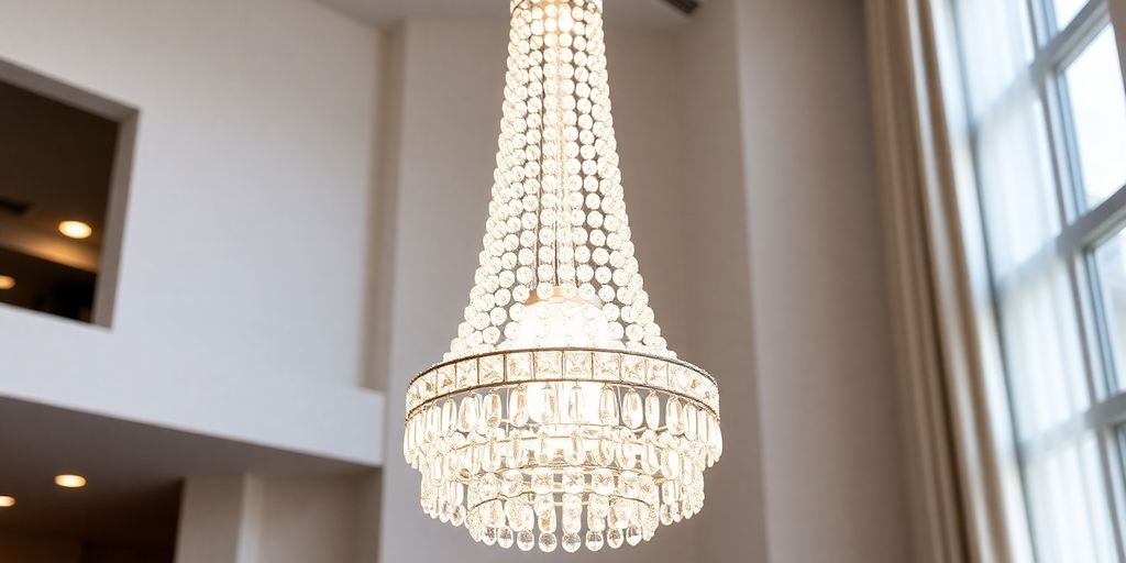 Sparkling crystal chandelier illuminating a modern living room.