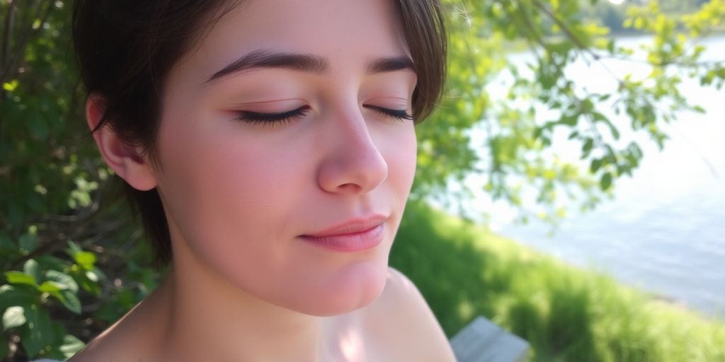 Person calmly meditating amidst nature, sunlight