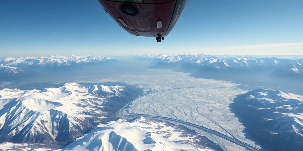 A helicopter flies above snow-capped Alaskan mountains and glaciers.