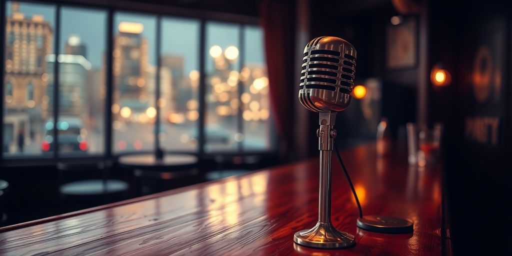 Microphone on speakeasy bar with blurry city.