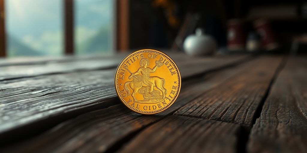 Pièce en or de Napoléon sur table en bois.