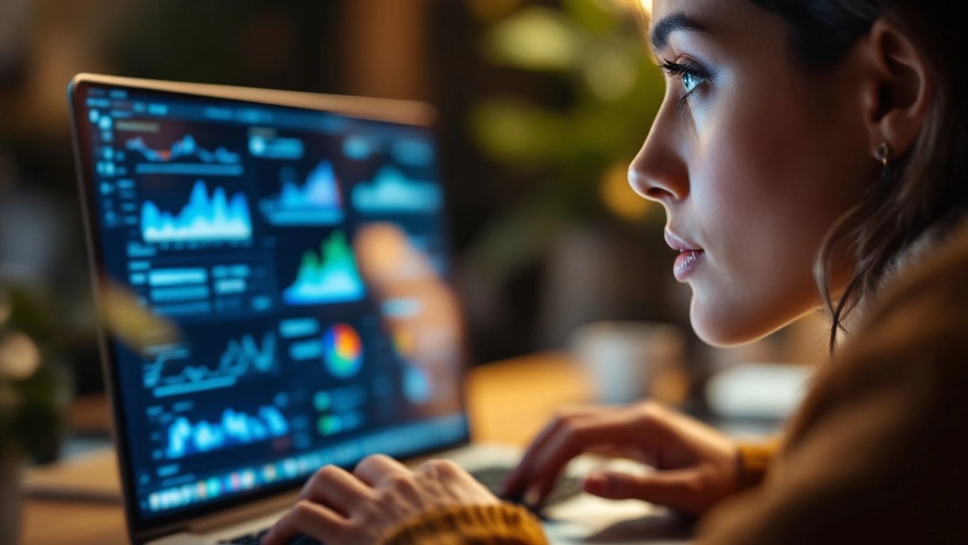 Person analyzing data on a laptop with focus.