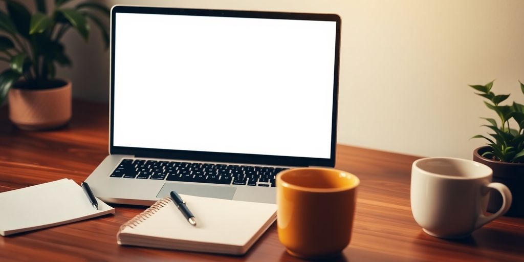 Laptop on desk with coffee and notepad.