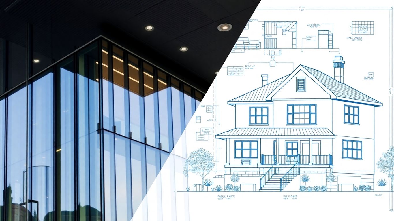 Investment banking office building versus real estate house blueprint.