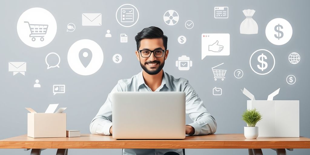 Person at desk with ecommerce icons.
