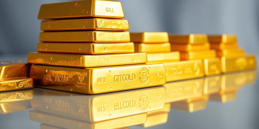 Des lingots d'or étincelants sur une surface réfléchissante.