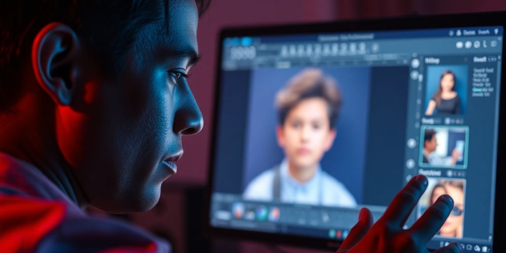 Woman using AI photo editing software on computer.