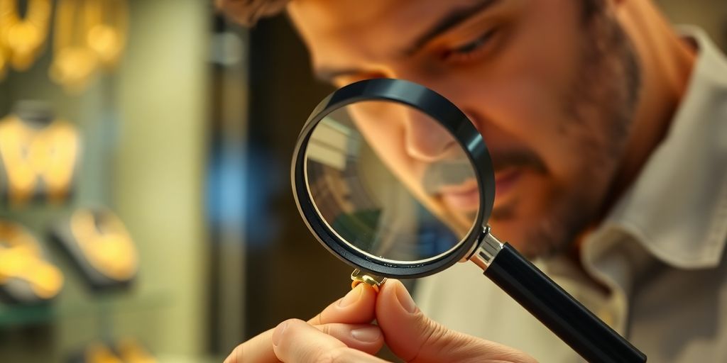 Acheteur d'or examinant un bijou avec une loupe.