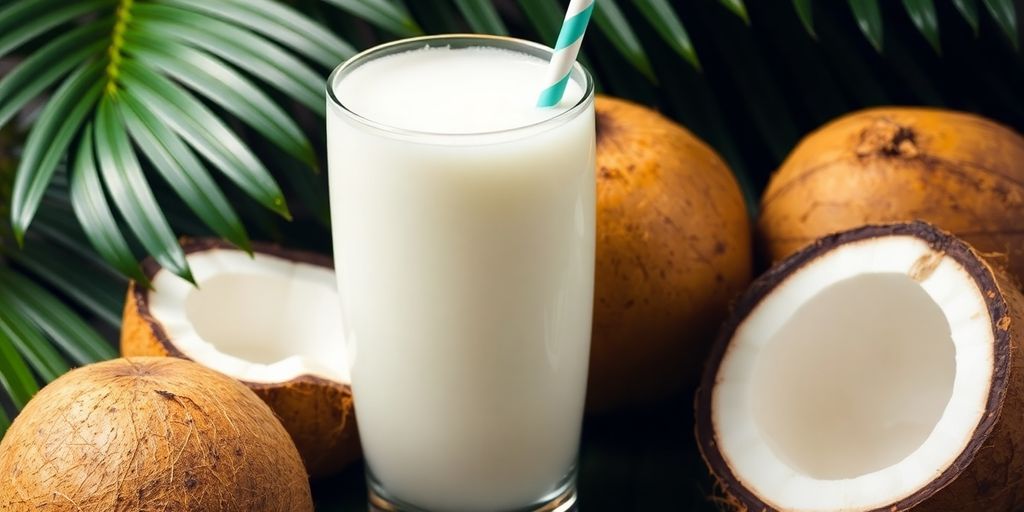 Coconut water in a glass with coconuts and leaves.