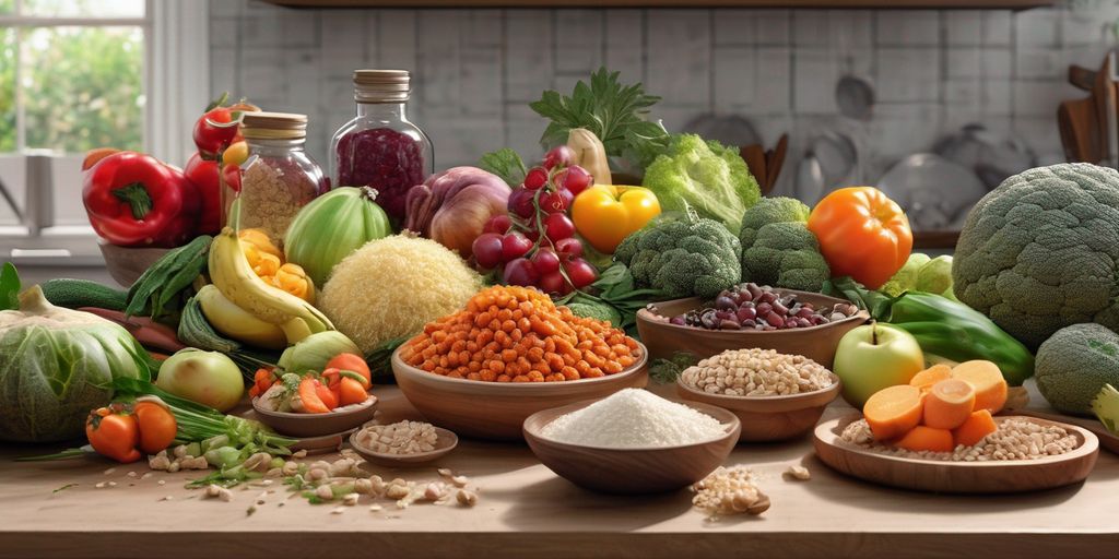 healthy high fiber foods on a kitchen table