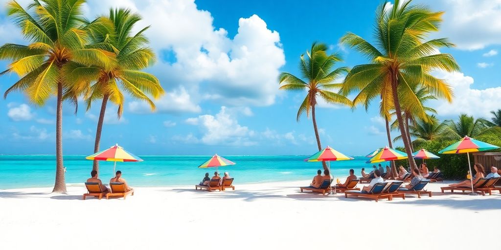 Beautiful Bahamas beach with palm trees and turquoise waters.