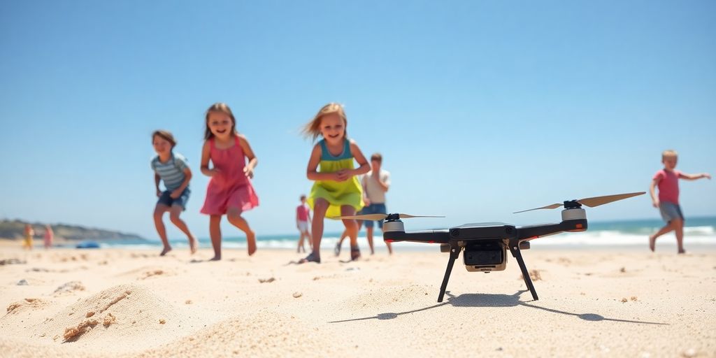 Enfants joyeux, drone au sol, ciel breton
