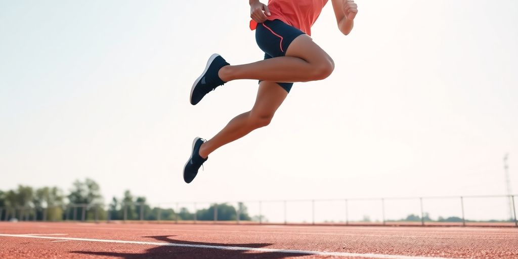 Athletic runner sprinting on a sunny track field.
