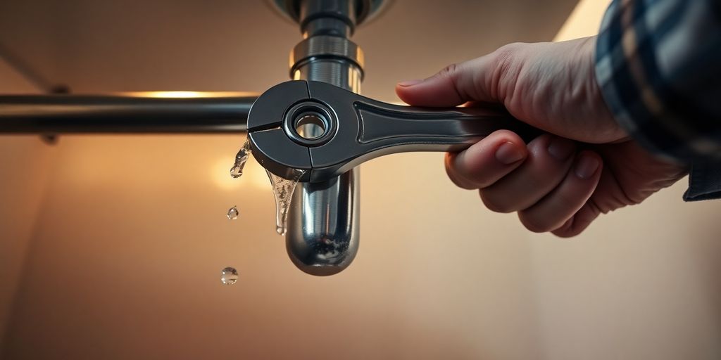Plumber fixing leaky pipe under sink.