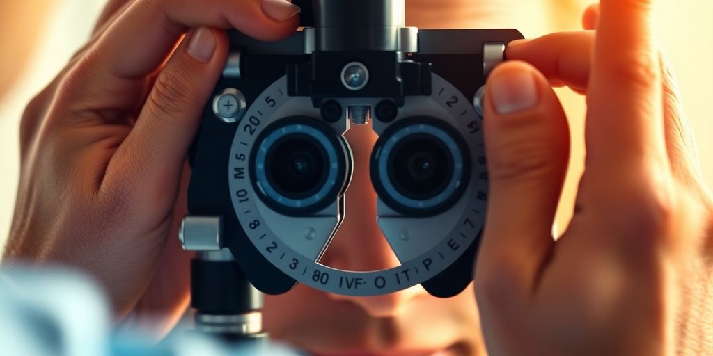Optometrist examining eye with phoropter.