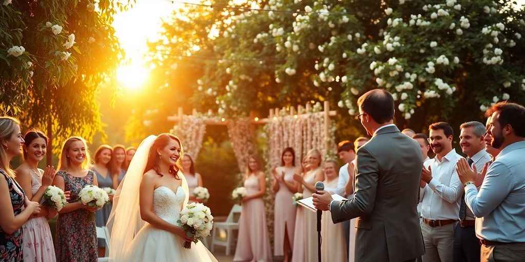 Magician levitating a bouquet before bride, groom, and guests outdoors