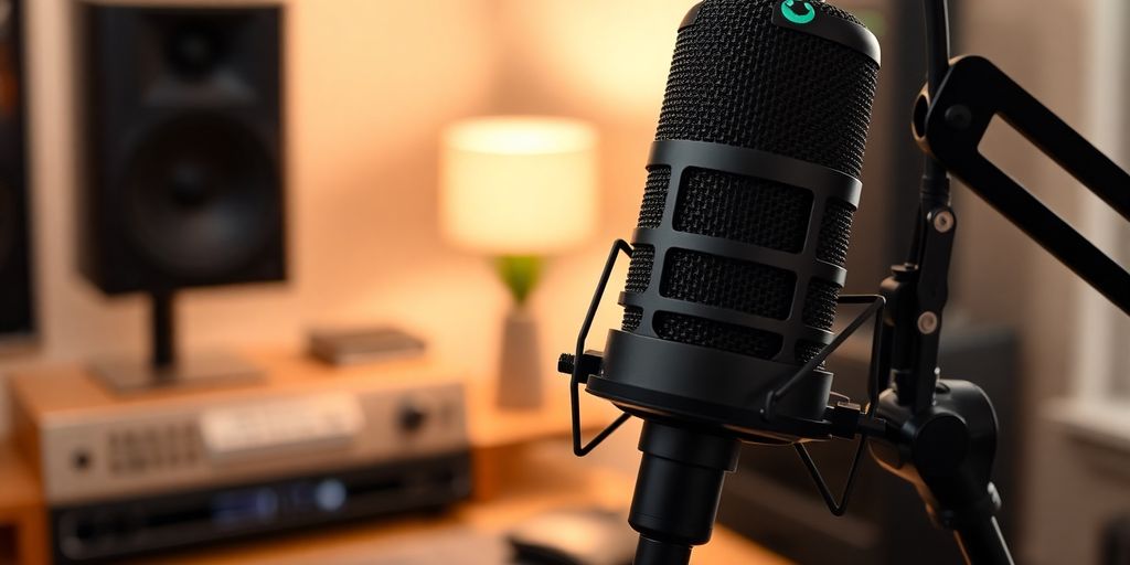 Micrófono de podcast profesional en estudio con pantalla anti-pop.