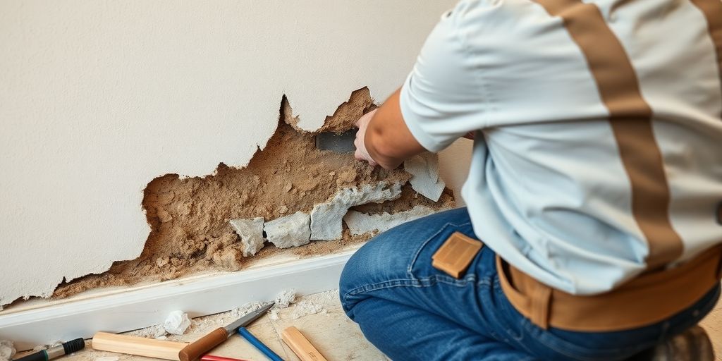 Construction worker repairing a water-damaged wall.