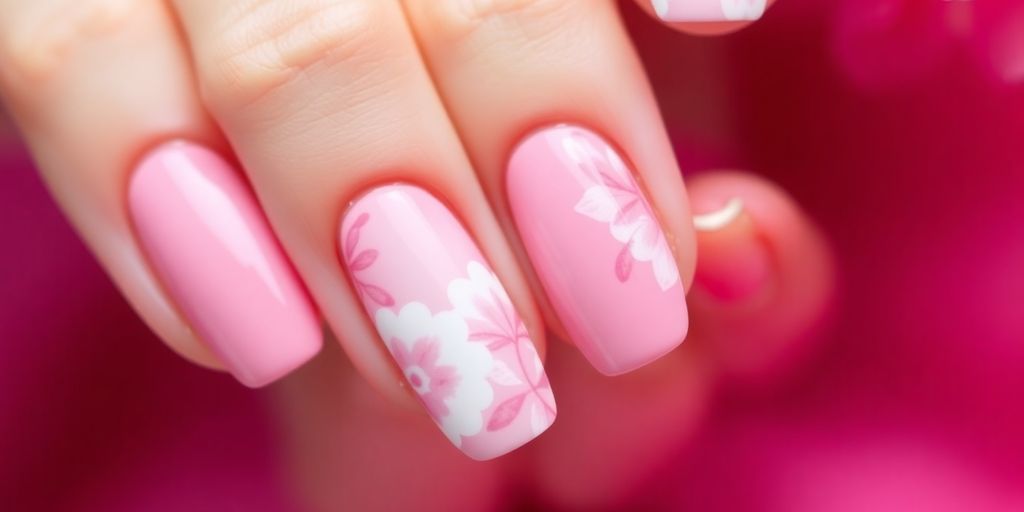 Unhas decoradas em rosa e branco, visual encantador.