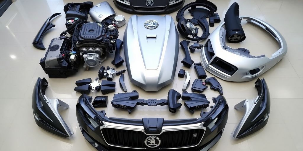 Shiny Skoda Octavia parts laid out.