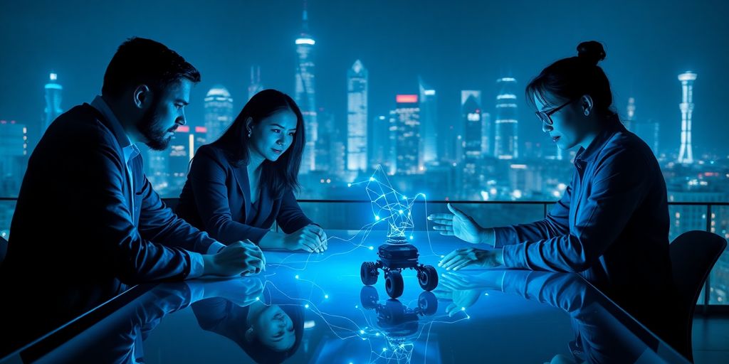 Team around glass table interacting with holographic lights and robot