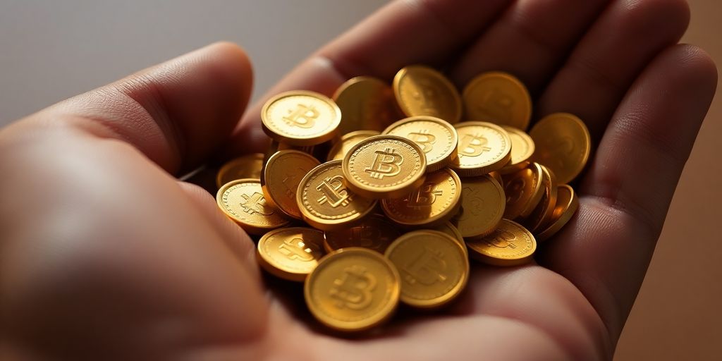 Une main tenant plusieurs pièces d'or scintillantes.