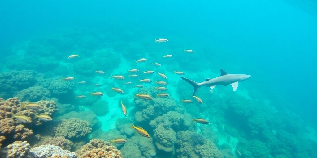 Vibrant coral reef teeming with colorful tropical fish and sharks.