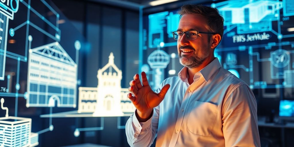 Architect visualizing data solutions on a holographic interface.
