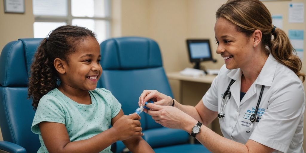 Nurse giving vaccine to happy child