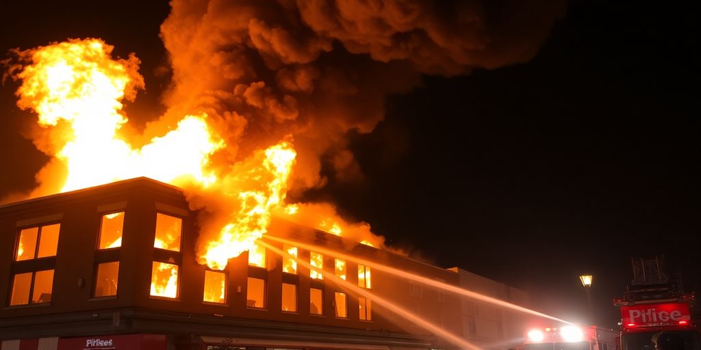 Bâtiment Orpi en feu, flammes intenses, pompiers, fumée noire