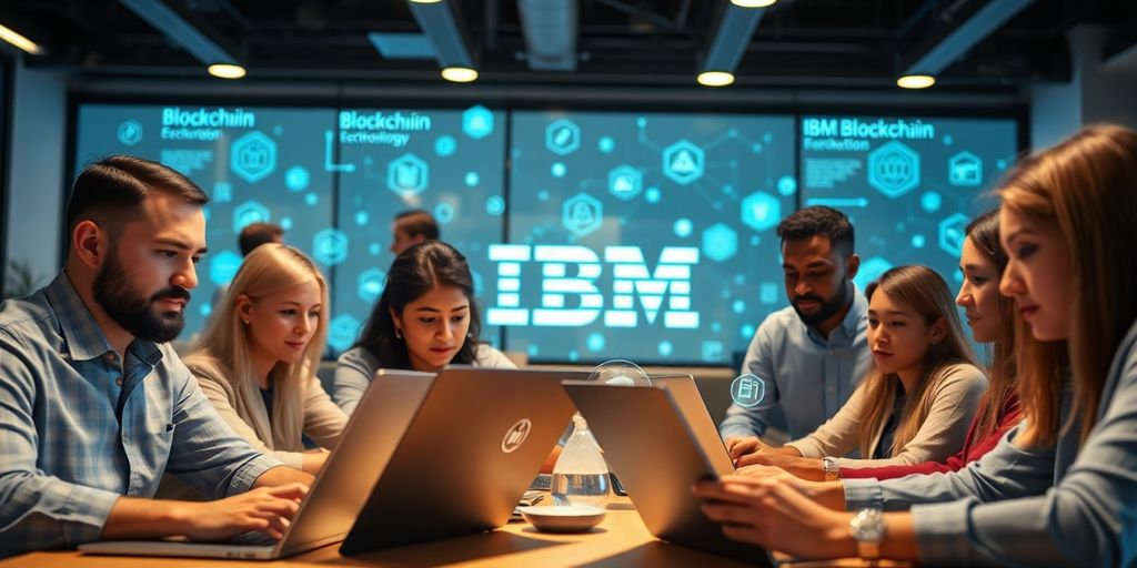 Diverse professionals studying ibm blockchain in a modern workspace.