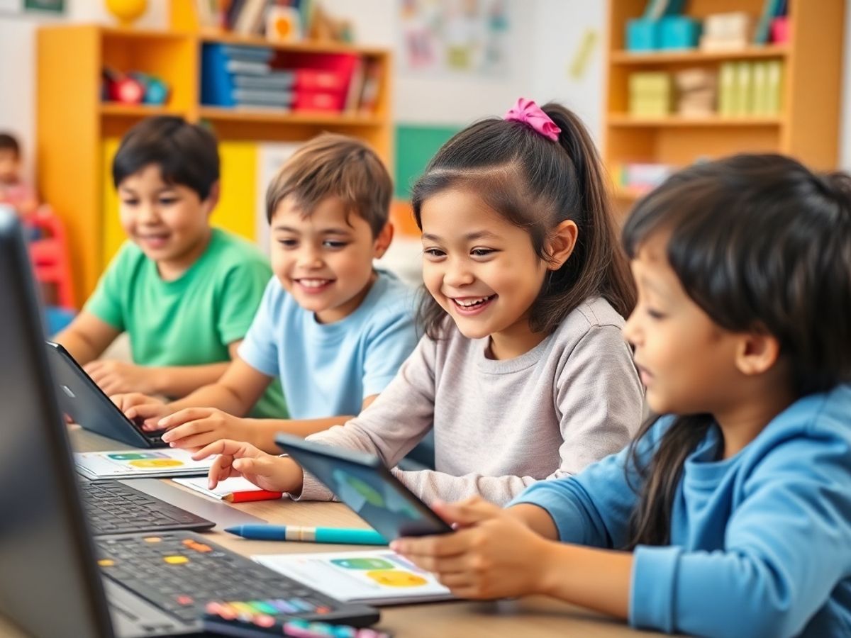Copii învățând online cu zâmbete și tehnologie.