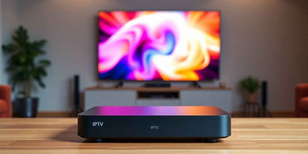 Sleek IPTV box, glowing screen, modern living room-Top IPTV Boxes for 2025