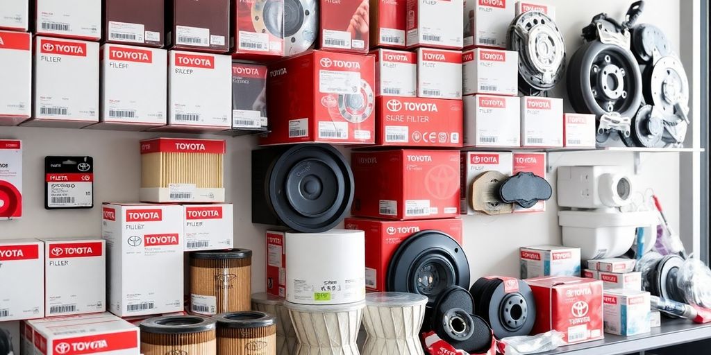 Close-up of authentic Toyota car parts arranged neatly.