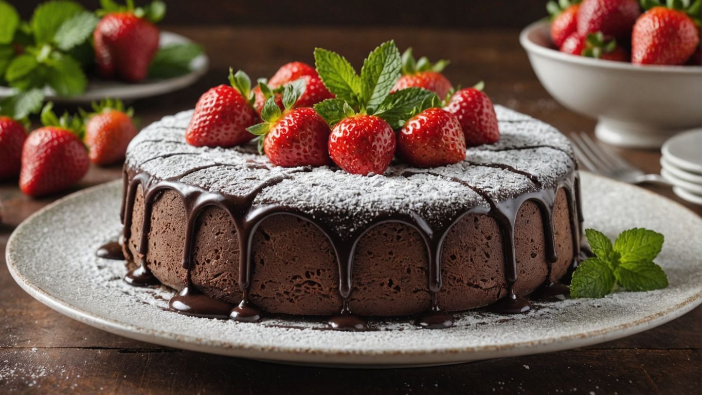 Chocolate dessert with strawberries and mint