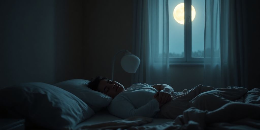 Person peacefully sleeping in a dimly lit room.
