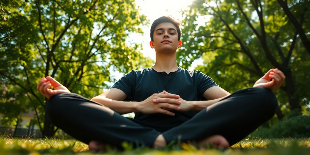 Person meditating outdoors, serene nature background.