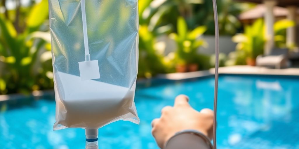 IV drip by a serene Bali pool.