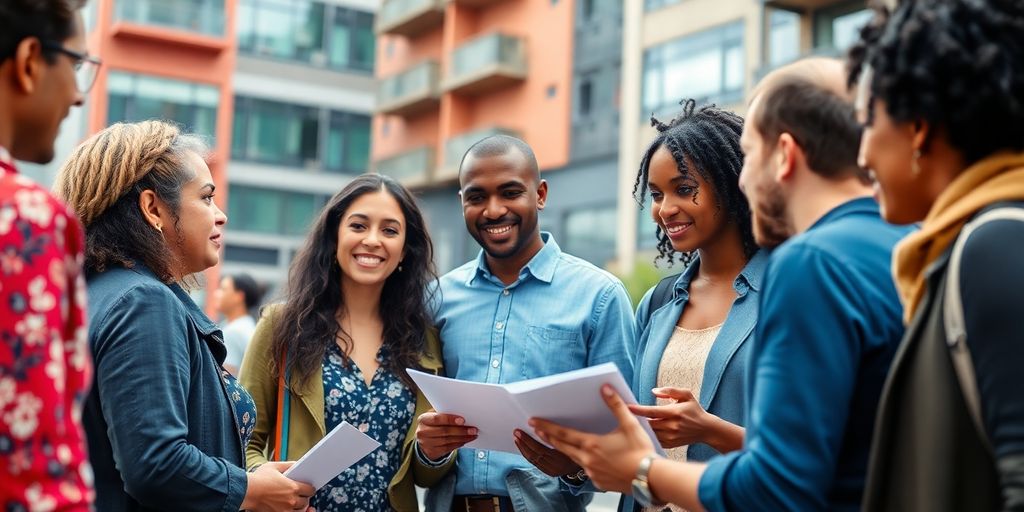 Diverse group discussing finance in an urban environment.