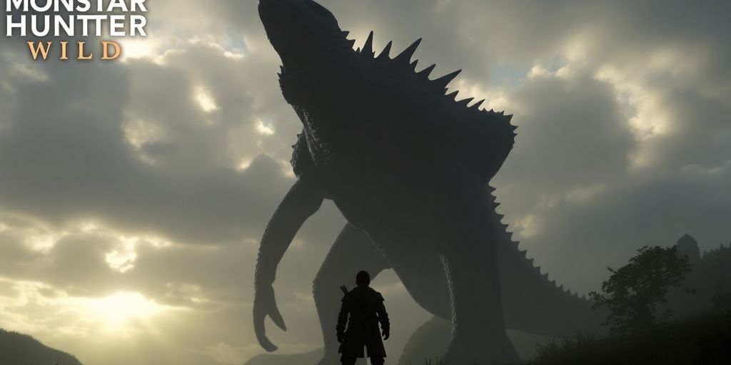 Un chasseur face à un monstre imposant dans Monster Hunter Wilds.